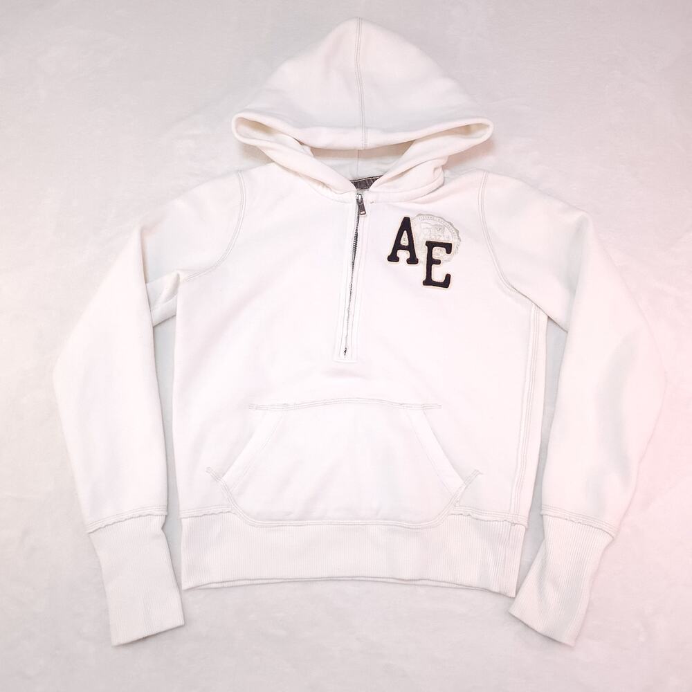 Vintage Y2k American Eagle Quarter Zip Hoodie XS Cream White Varsity AE Patch